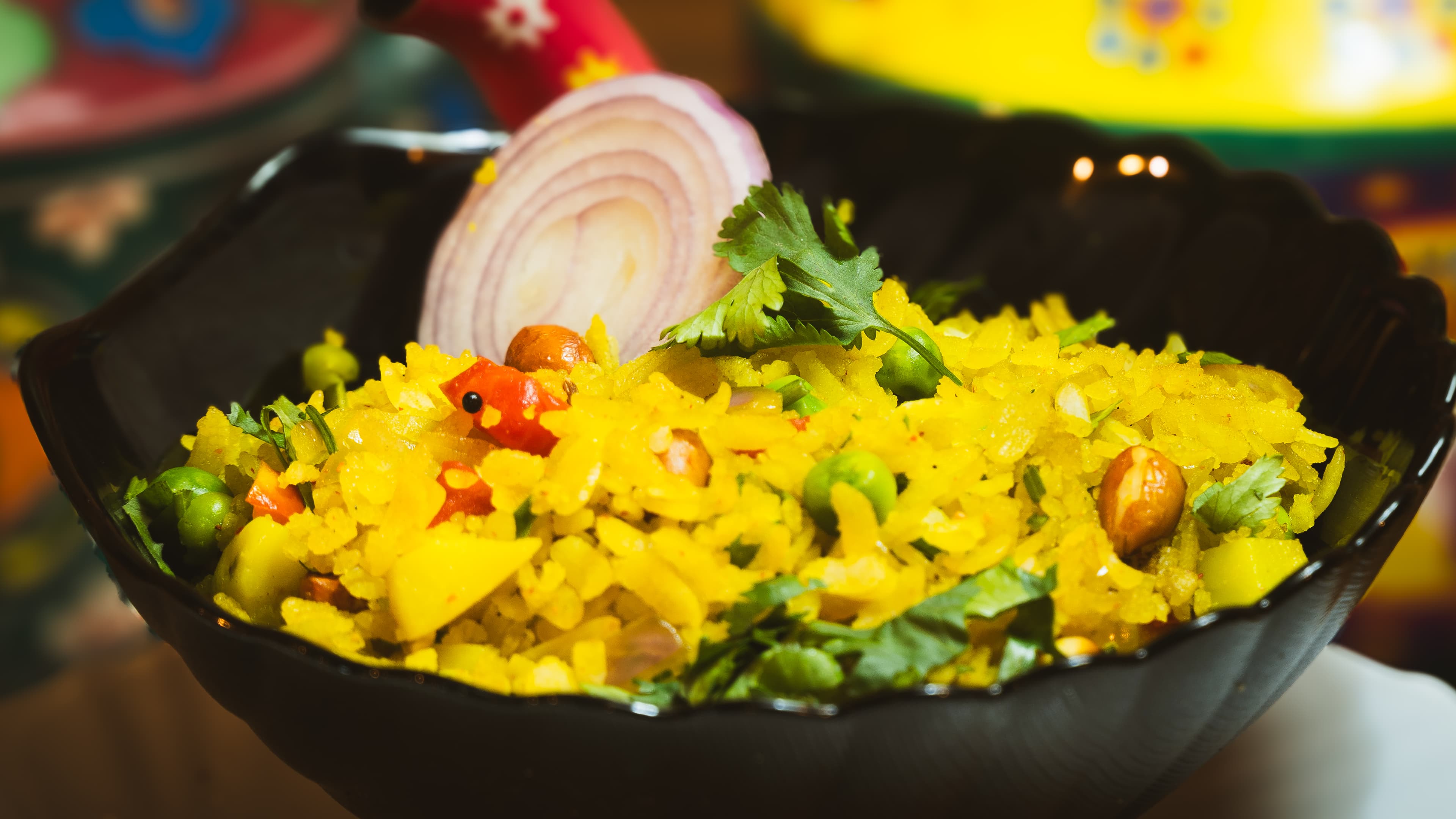 Poha with peanuts, onion and coriander