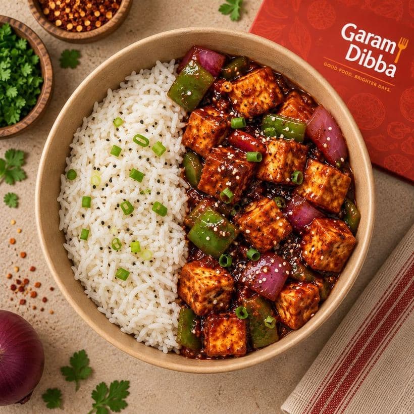 Korean Paneer bowl with glossy paneer, peppers, red onion, sesame and spring onion beside rice