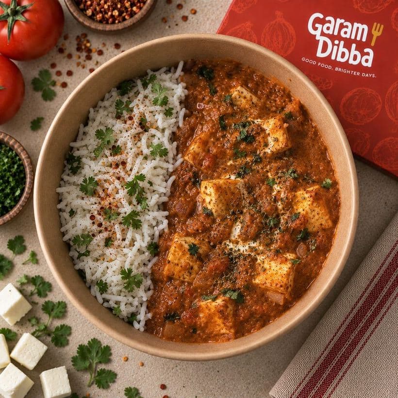 Paneer Lababdar bowl with paneer cubes in a rich onion-tomato gravy beside steamed rice