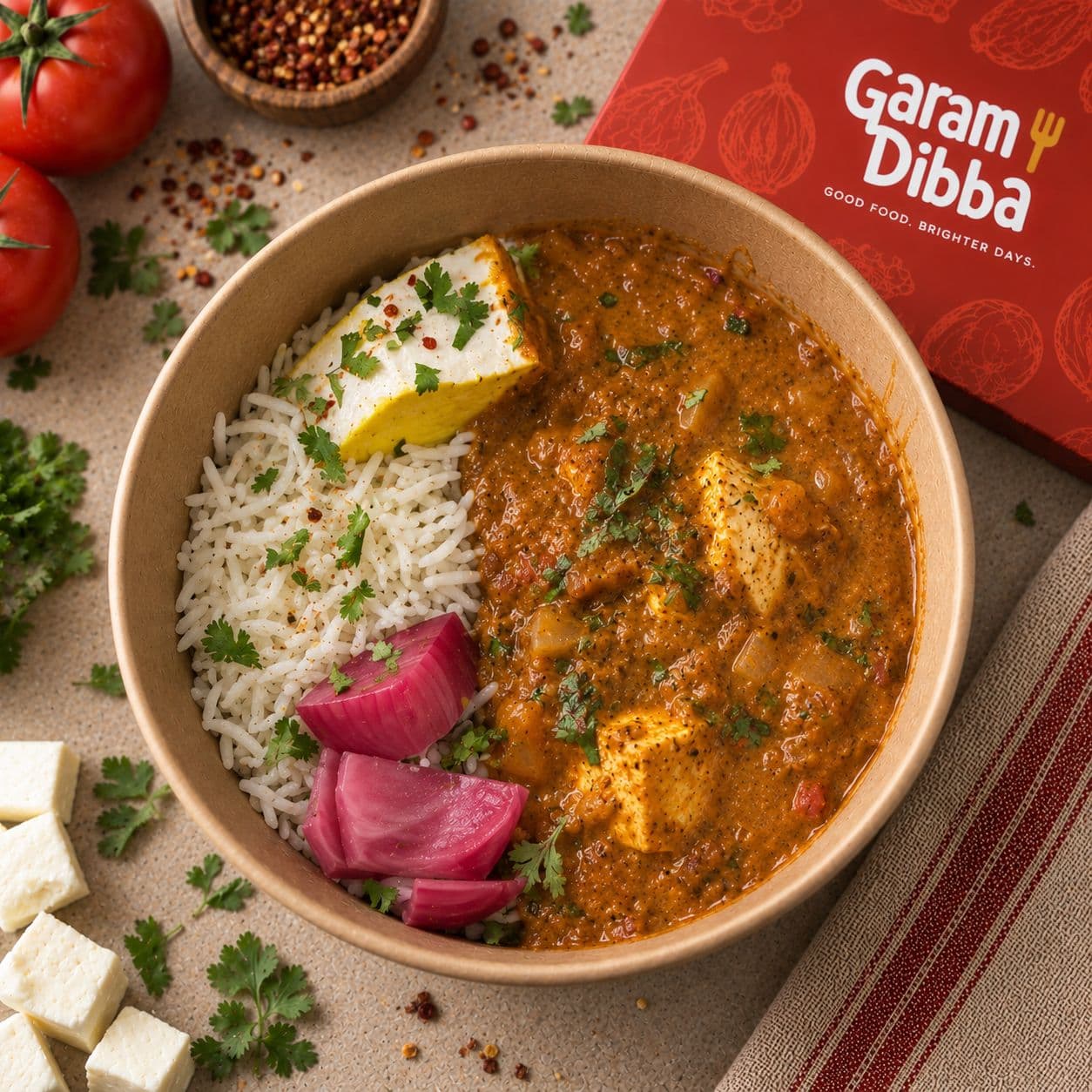 Paneer Pasanda Bowl with paneer in creamy gravy, rice and pickled onion