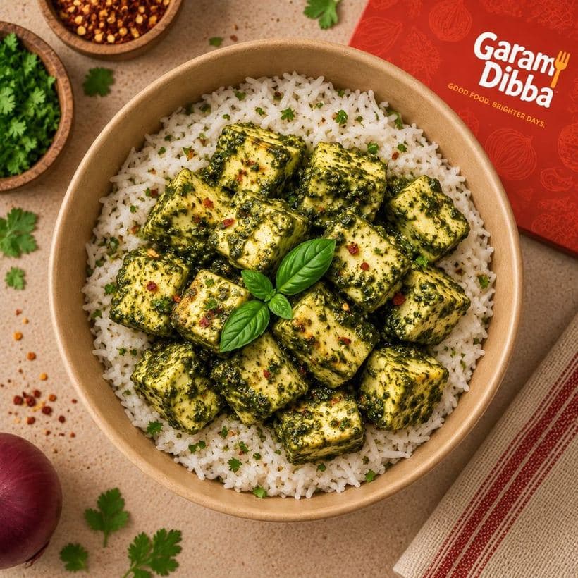 Pesto Paneer bowl with pesto-coated paneer cubes and basil over rice
