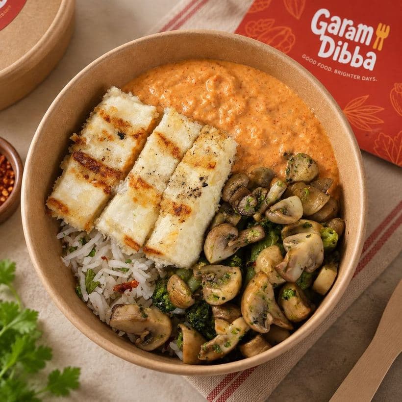 Tandoori Malai Paneer bowl with grilled paneer, creamy orange sauce, mushrooms, broccoli and rice