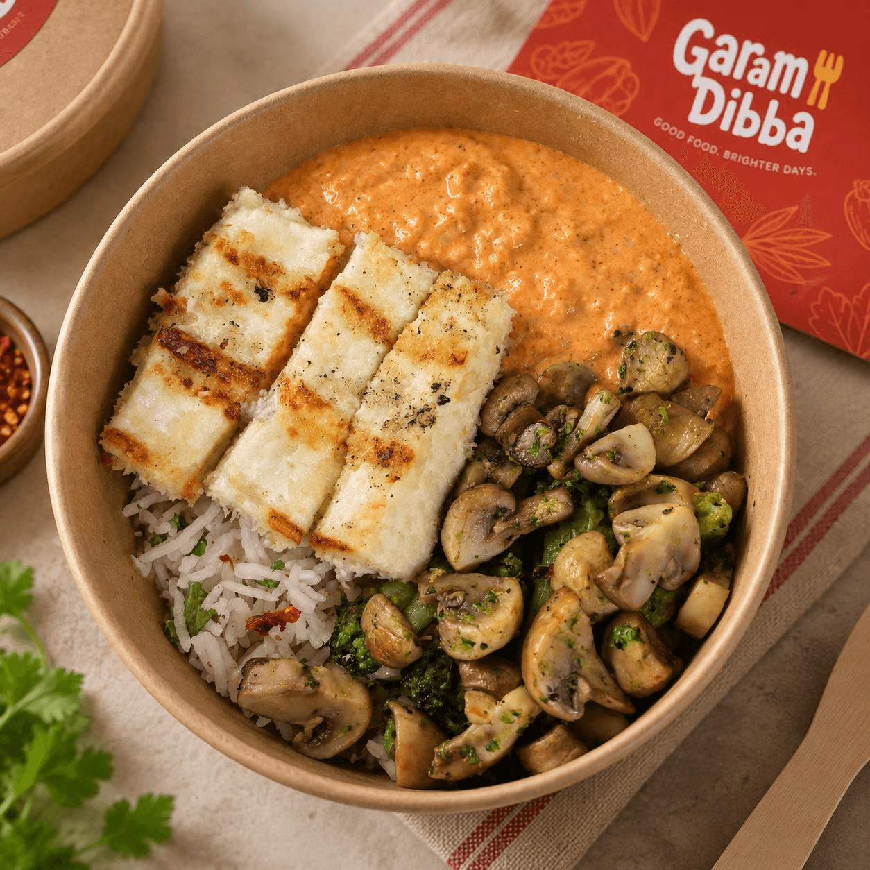 Garam Dibba grilled paneer bowl with rice, sautéed mushrooms and roasted red pepper chutney