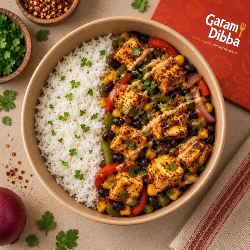 Garam Dibba Tex-Mex bowl with spiced paneer, peppers, beans and corn
